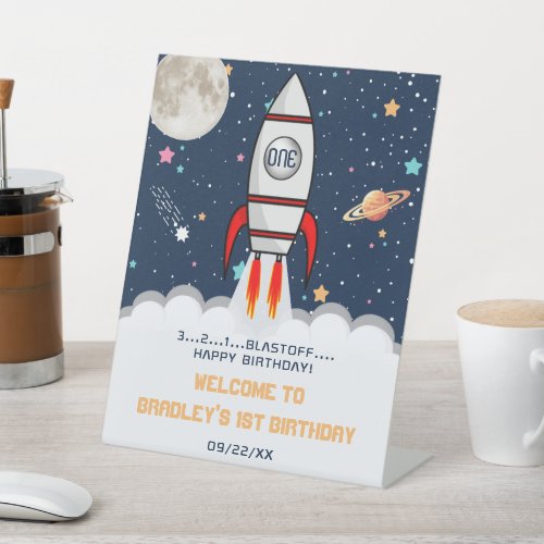 Astronaut Rocket Outer Space 1st Birthday Welcome Pedestal Sign