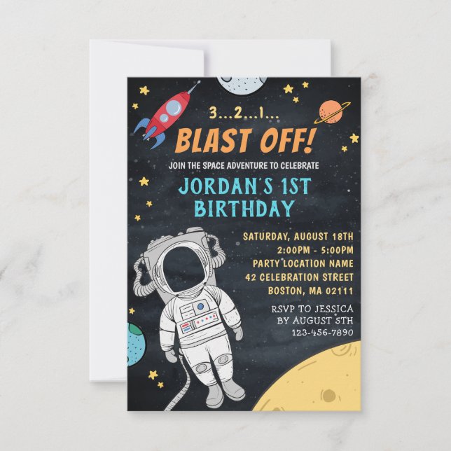 Astronaut Rocket Outer Space | First 1st Birthday Invitation (Front)