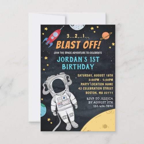 Astronaut Rocket Outer Space  First 1st Birthday Invitation