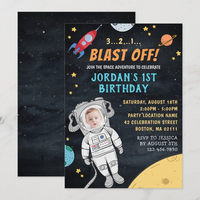 Astronaut Rocket Outer Space | Photo 1st Birthday Invitation (Front/Back)