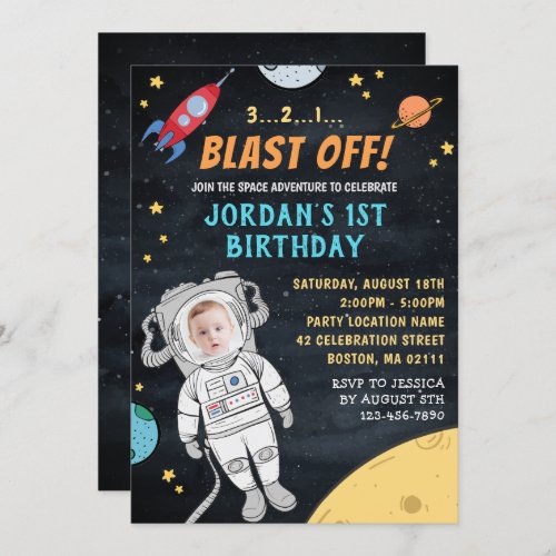 Astronaut Rocket Outer Space  Photo 1st Birthday Invitation