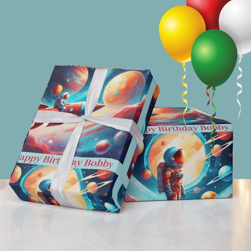 Astronaut Rocket Planets Boys Birthday Colorful Wrapping Paper