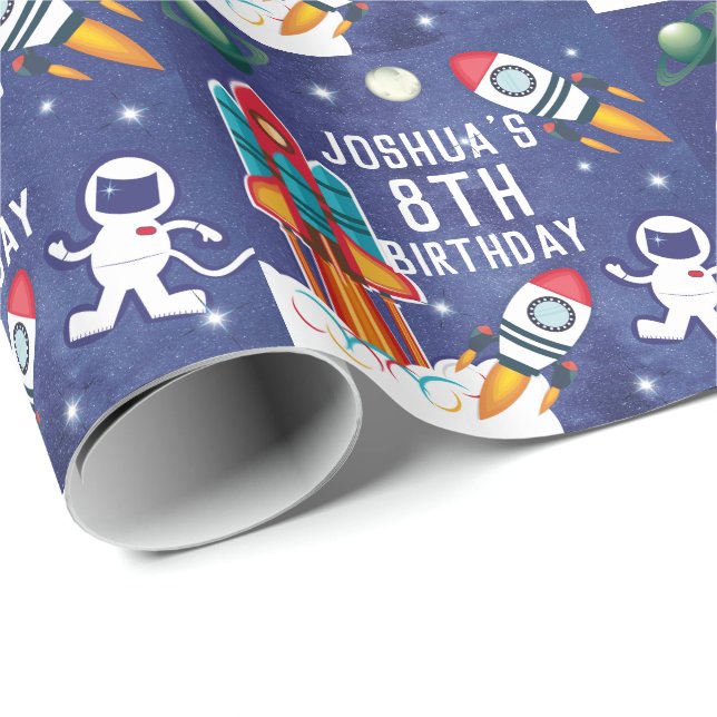 Astronaut Rocket Ship Personalized Birthday Gift Wrapping Paper (Roll Corner)