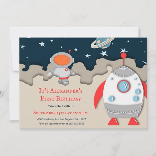 Astronaut Rocket Space 1st Birthday Invitation