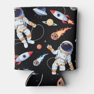 Astronaut Rocket: Vintage Space Seamless Pattern Can Cooler