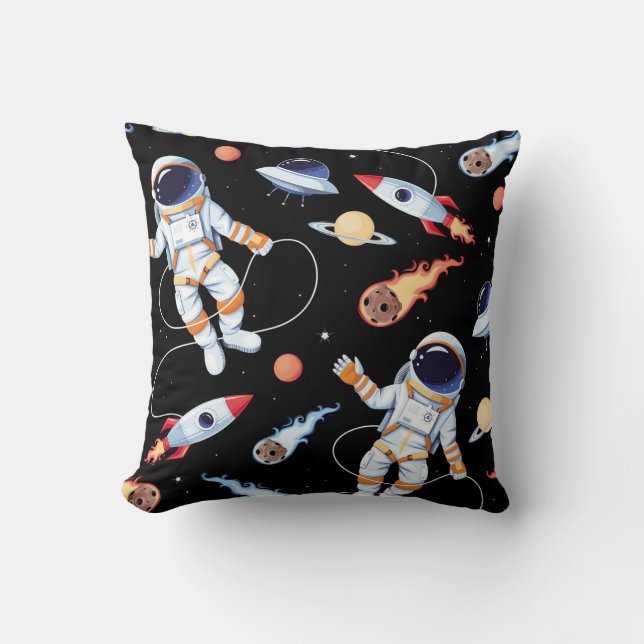 Astronaut Rocket: Vintage Space Seamless Pattern Throw Pillow (Front)