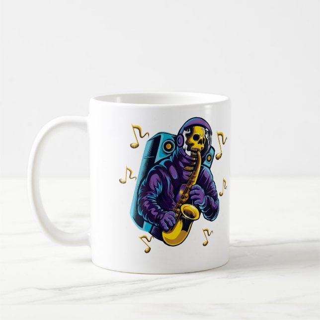 Astronaut Shirt Skull Playing Saxophone In Space M Coffee Mug (Left)