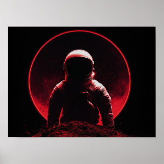 Astronaut Silhouette on Red Planet with Dark Sun Poster