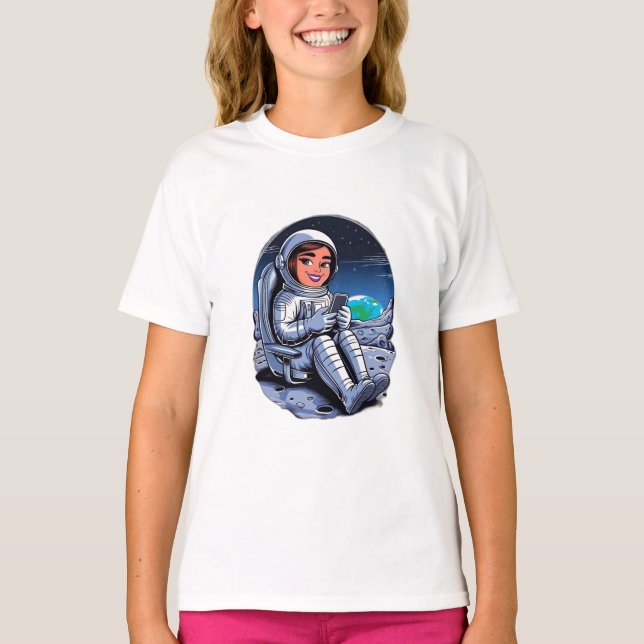 Astronaut sitting on the moon scrolling on a phone T-Shirt (Front)