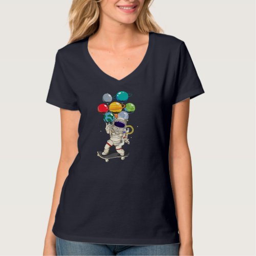 Astronaut Skateboarding Kids Balloon Planets Space T_Shirt