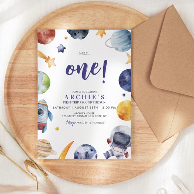 Astronaut Space 1st Trip Around The Sun Birthday Invitation (1st trip around the sun themed watercolor illustration birthday invitation party invite template )