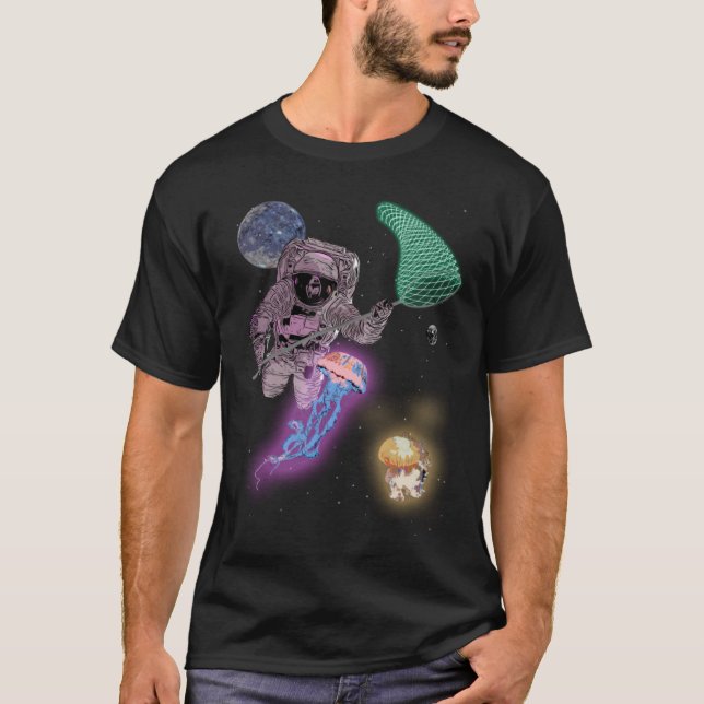 Astronaut Space Alien Jellyfish Hunting with Net G T-Shirt (Front)