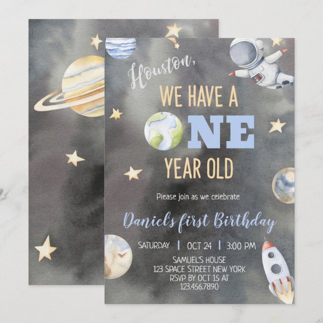 Astronaut Space Birthday One Year Invitation  (Front/Back)