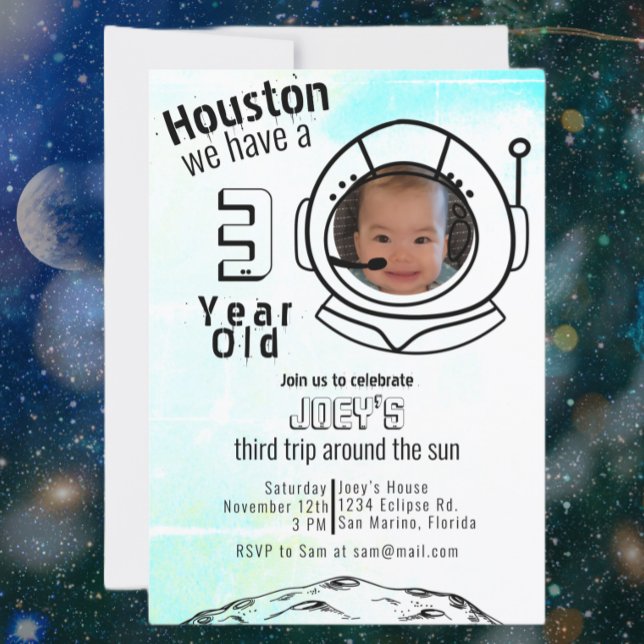 Astronaut Space Blue Custom Photo Birthday  Invitation