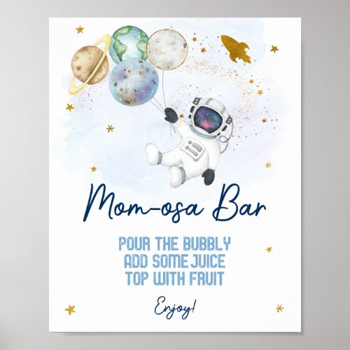 Astronaut Space Blue Gold Baby Shower Mom_osa Bar Poster