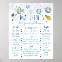 Astronaut Space Blue Gold First Birthday Milestone Poster