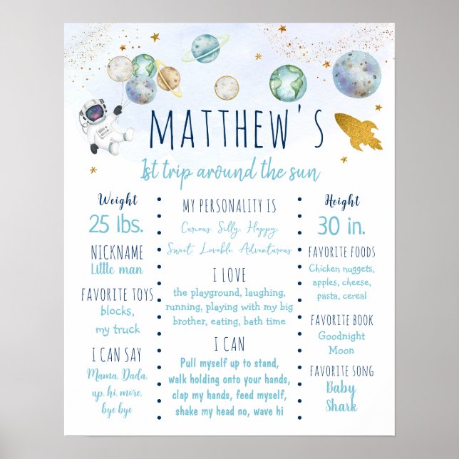 Astronaut Space Blue Gold First Birthday Milestone Poster (Front)