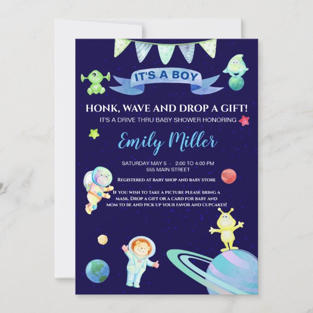 Astronaut space drive by baby shower invitation (Front)