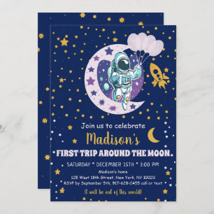 Astronaut Space First Trip Around Moon Birthday Invitation