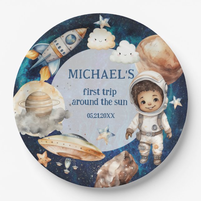 Astronaut Space First Trip Around The Sun Birthday Paper Plates (Front)