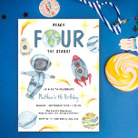 Astronaut Space Fourth Birthday Invitation<br><div class="desc">WATERCOLOR design features an astronaut,  rocket ships and colorful planets.</div>