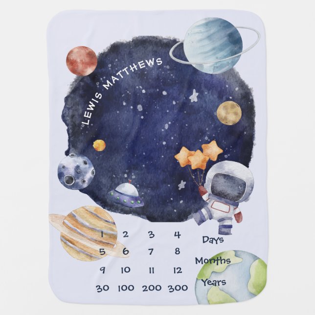 Astronaut Space Galaxy Name Milestone Baby Blanket (Front)