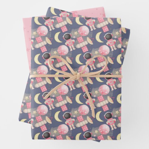 Astronaut Space Girl Pattern Wrapping Paper Sheets