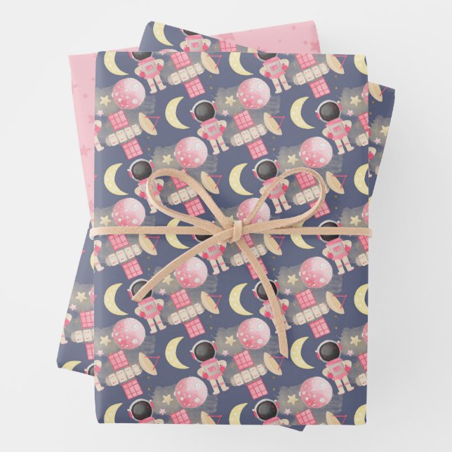 Astronaut Space Girl Pattern Wrapping Paper Sheets (In situ)