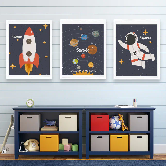 Astronaut Space Nursery Decor Custom Text Name Wall Art Sets | Zazzle