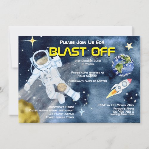 Astronaut space ship UFO planets kids adults party Invitation