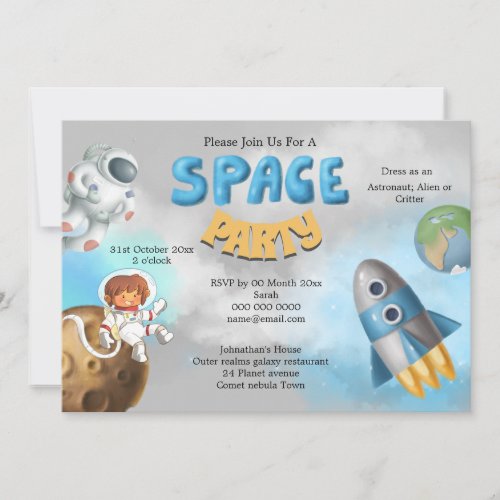 Astronaut space theme cute rocket ship invitation