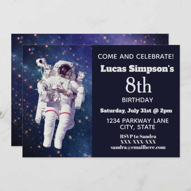 Astronaut Space Themed Birthday Invitations (Front/Back)