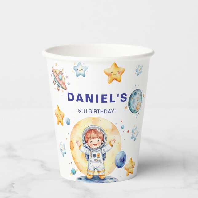 Astronaut Space-Themed Custom Birthday Party Paper Cups (Front)