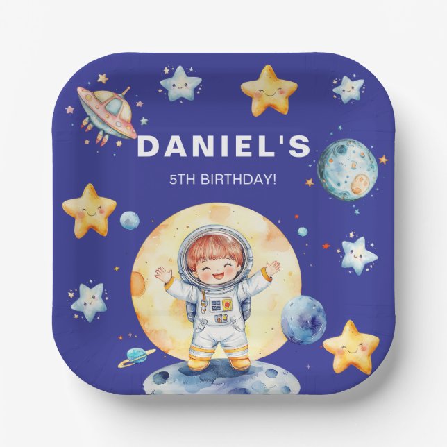Astronaut Space-Themed Custom Birthday Party Paper Plates (Front)