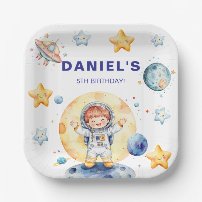 Astronaut Space-Themed Custom Birthday Party Paper Plates (Front)