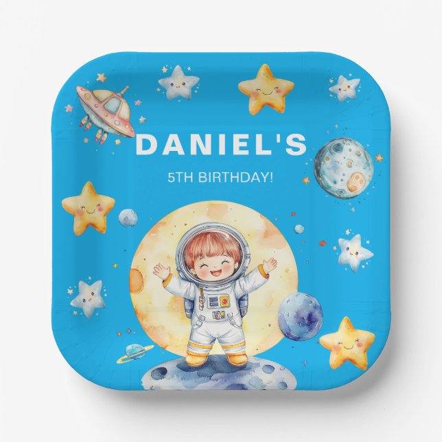 Astronaut Space-Themed Custom Birthday Party Paper Plates (Front)