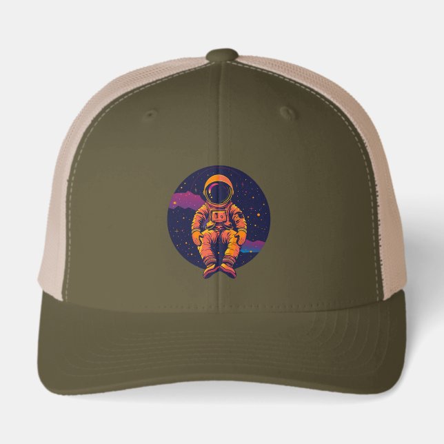Astronaut Space Trucker Hat – Retro Cosmic Graphic (Front)