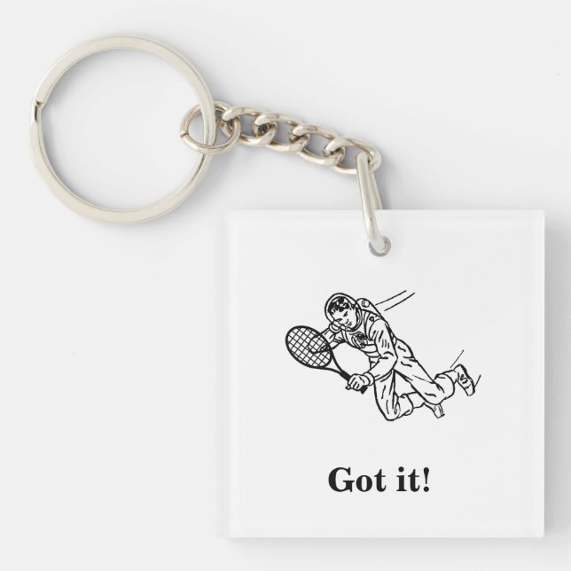Astronaut Spaceman Tennis Player With Text Keychain (Front)