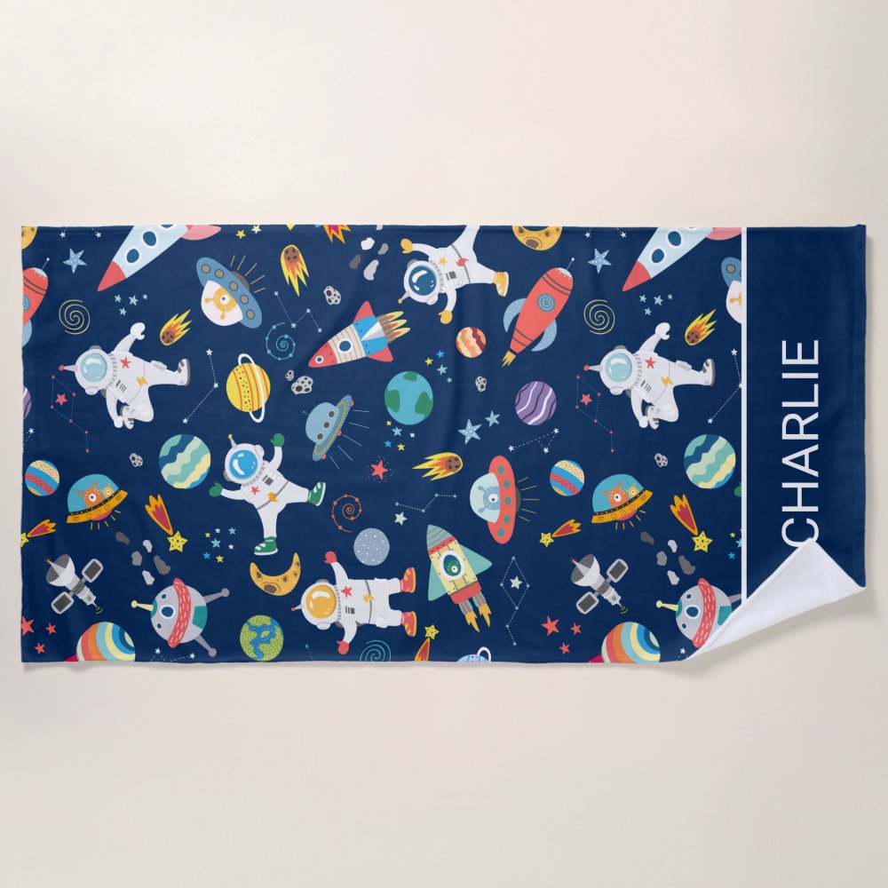 Discover Astronaut Spaceships Outer Space Personalized Kids Beach Towel