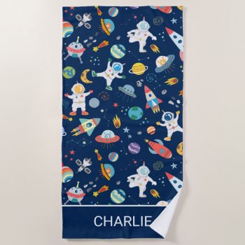 Astronaut Spaceships Outer Space Personalized Kids Beach Towel by LilPartyPlanners at Zazzle