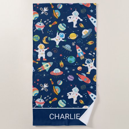 Astronaut Spaceships Outer Space Personalized Kids Beach Towel