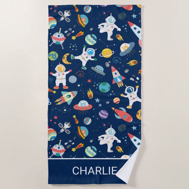 Astronaut Spaceships Outer Space Personalized Kids Beach Towel (Front)