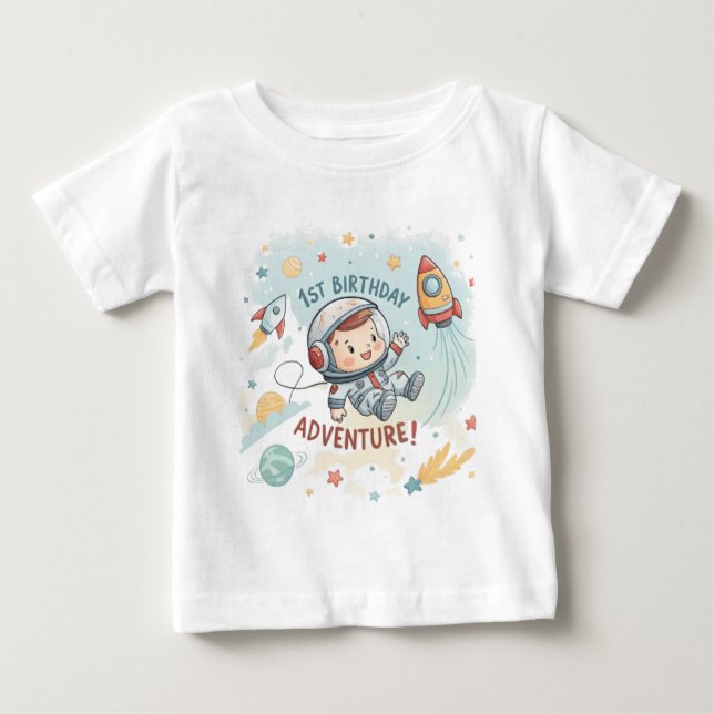 Astronaut Stars Rocket Planet Boy 1st Birthday Bab Baby T-Shirt (Front)