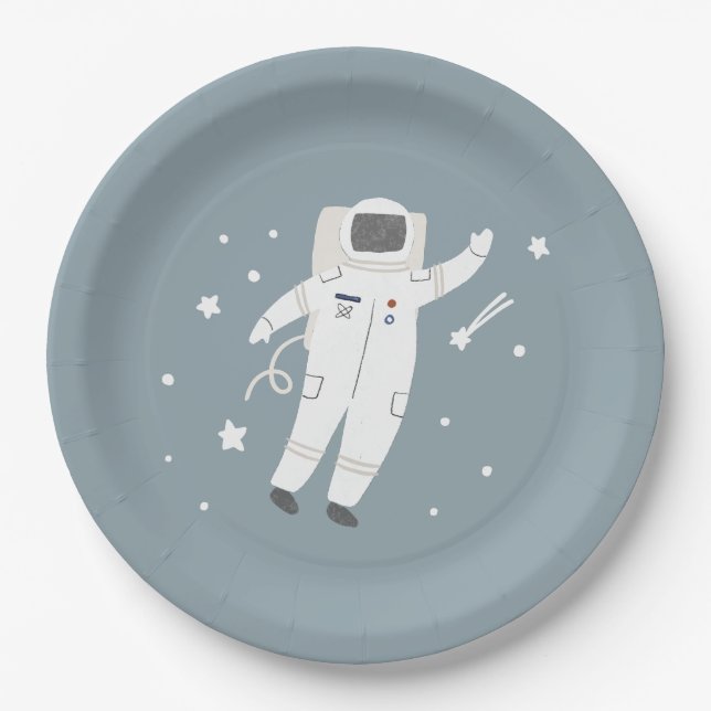 Astronaut & Stars Space Birthday Party Paper Plates (Front)