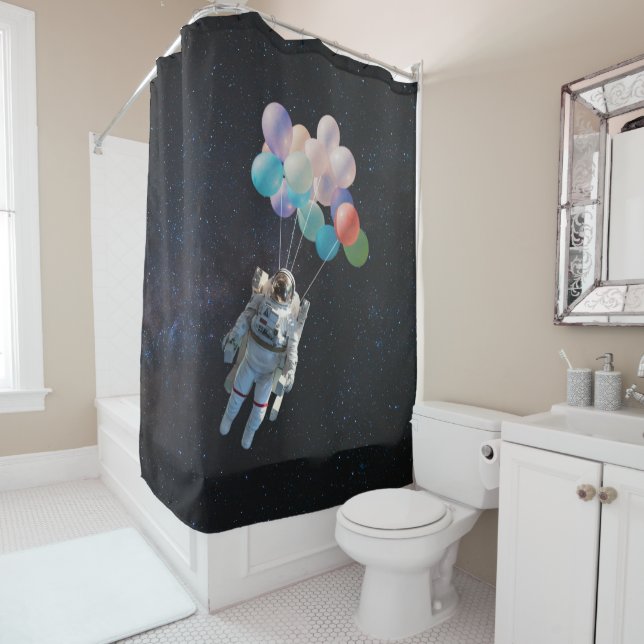 Astronaut Stars & Space Colorful Balloons Shower Curtain (In Situ)