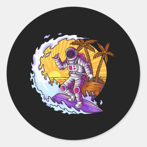 Astronaut summer surfing on space beach classic round sticker