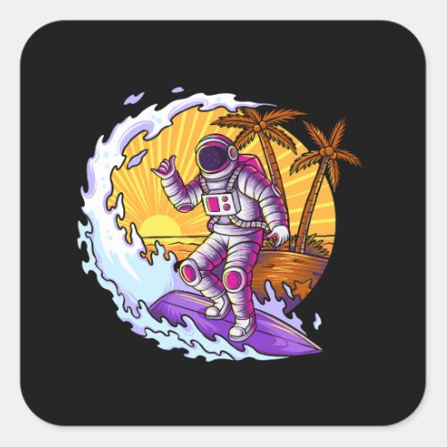 Astronaut summer surfing on space beach square sticker