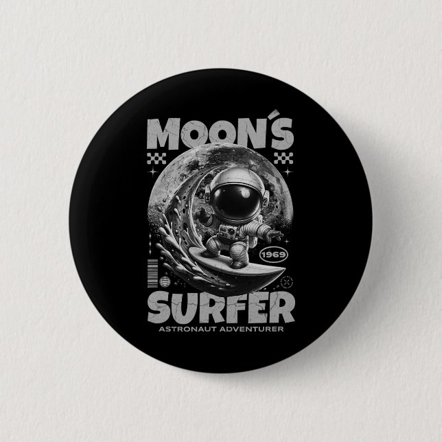 Astronaut Surfer Design, Moon Surfing Space Cosmic Button (Front)