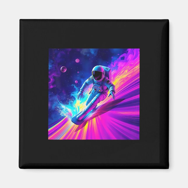 Astronaut Surfing Cosmic Rainbow Wave Graphic Desi Magnet (Front)