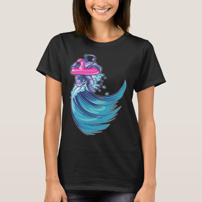 Astronaut Surfing Ocean Waves With Pink Flamingo F T-Shirt (Front)